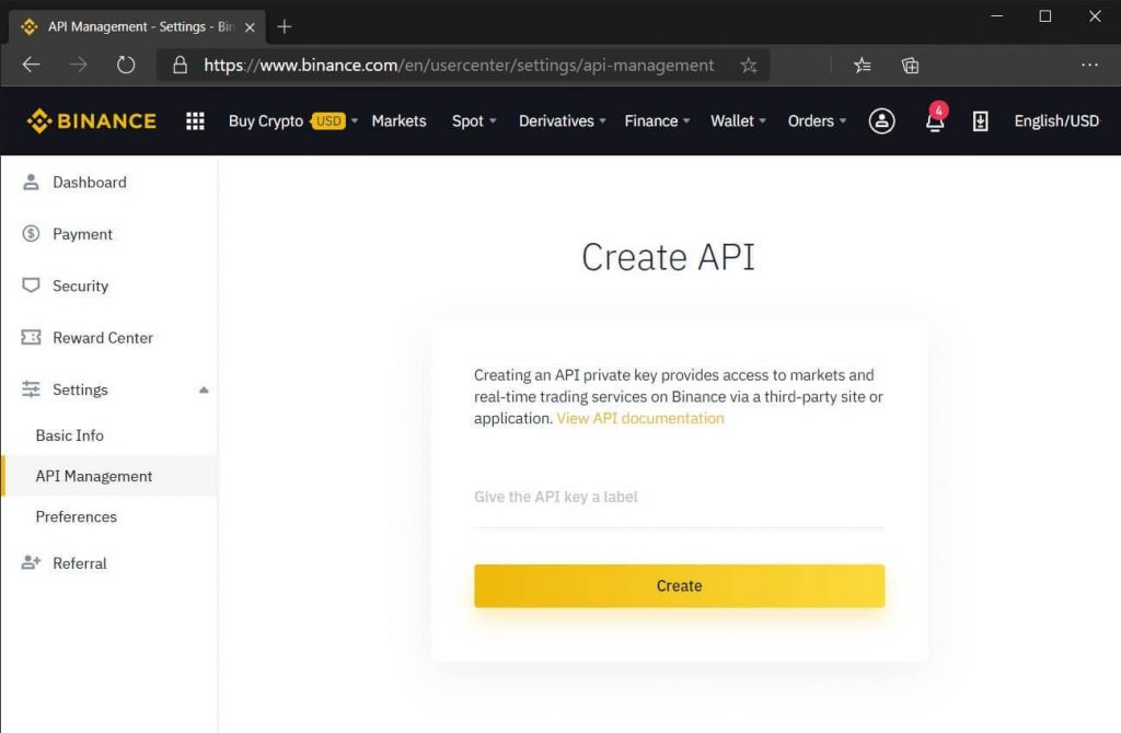 Create API page on Binance