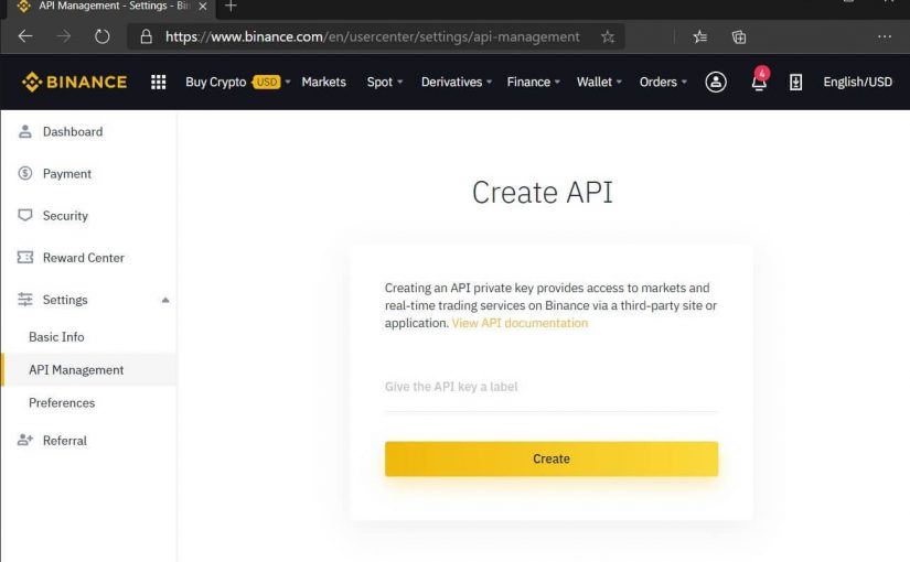 Create API page on Binance